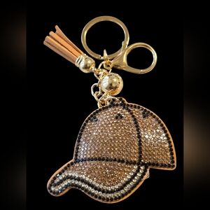 Gold Rhinestone Baseball Cap Bag Charm Keychain